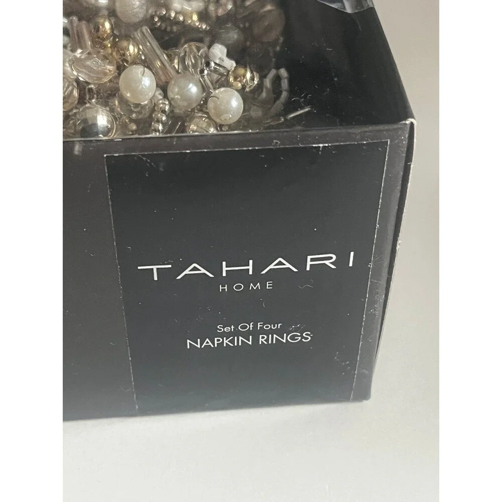 Christmas Tahari Beaded Napkin Rings Set of 4 Gold Silver White Beads 3